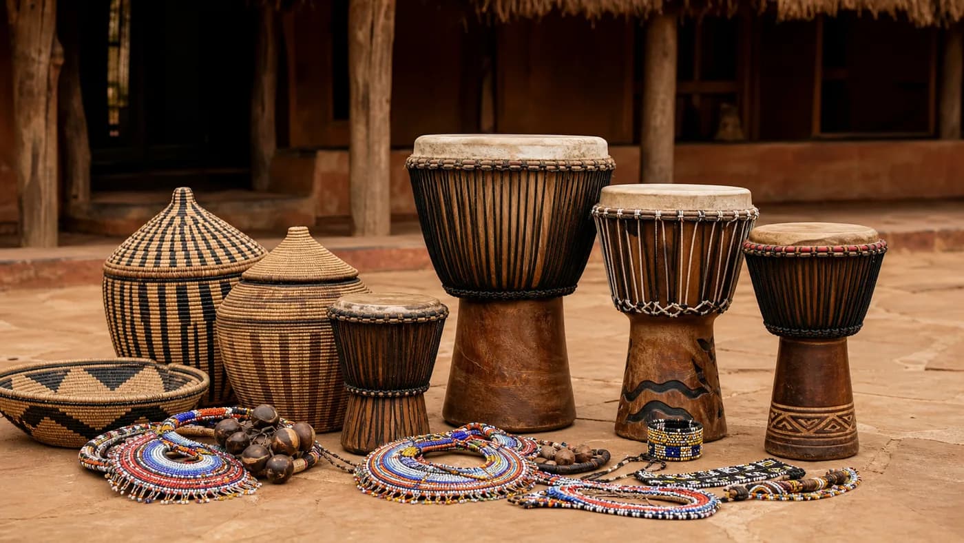 Generated editorial still life of hand drums, baskets and beadwork