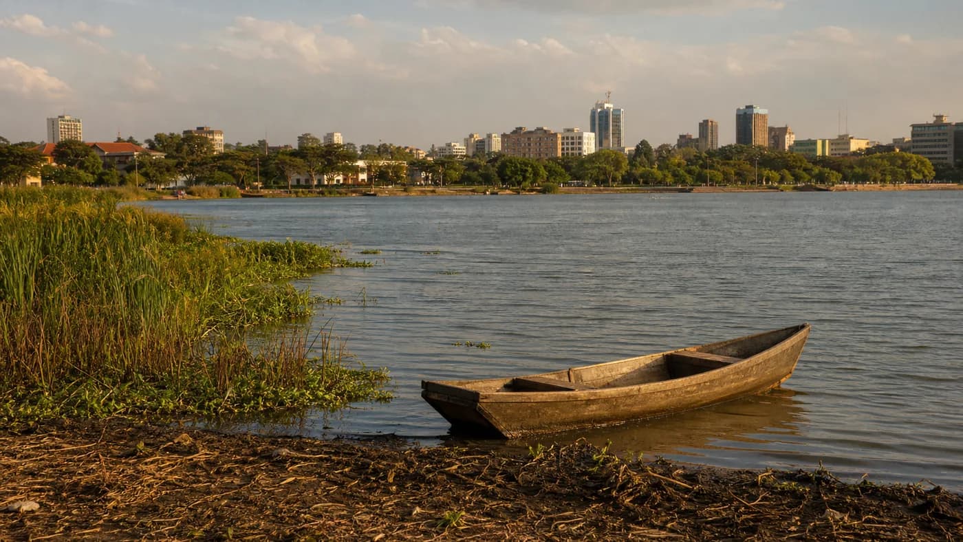 Generated editorial view of a wooden boat on a Lake Victoria city shoreline