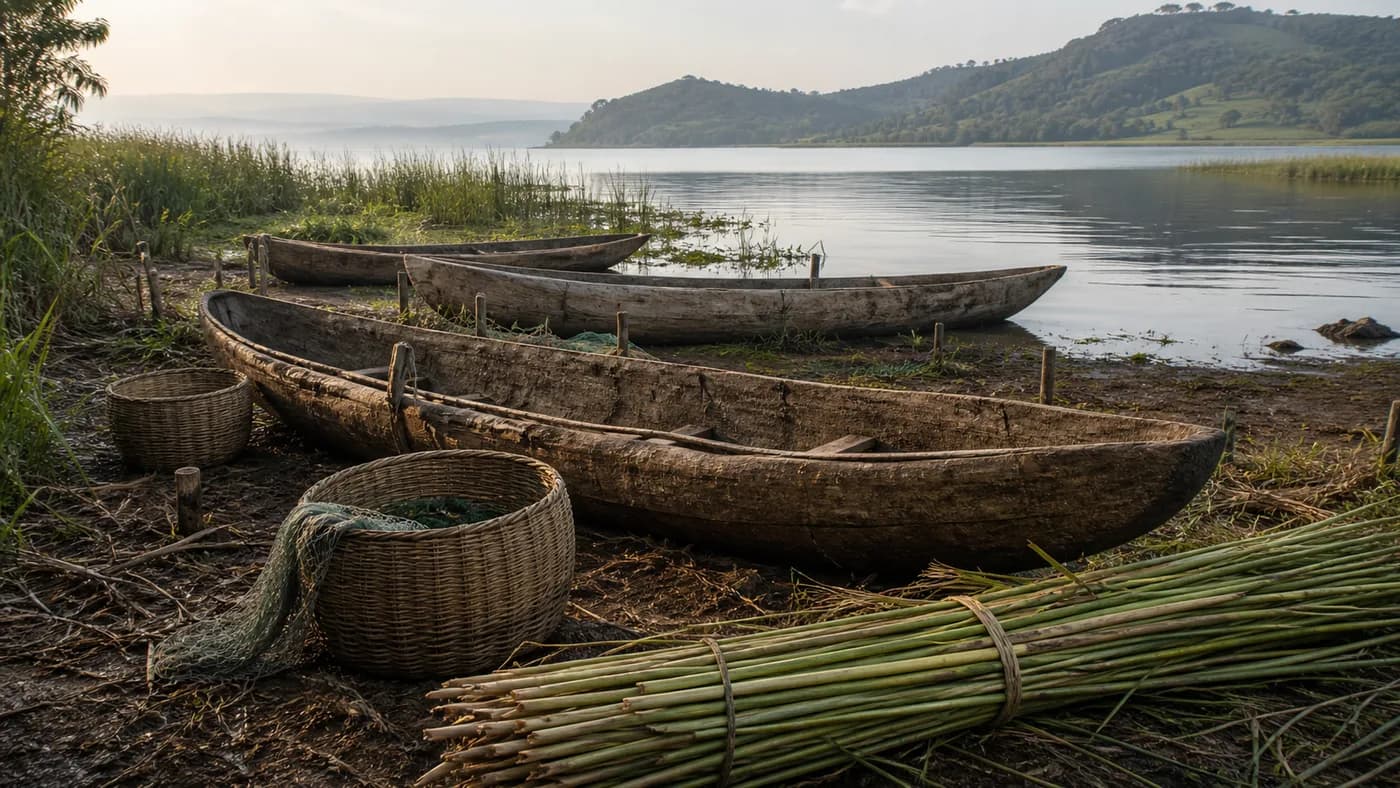 Generated editorial view of wooden boats and baskets on a Lake Victoria shoreline