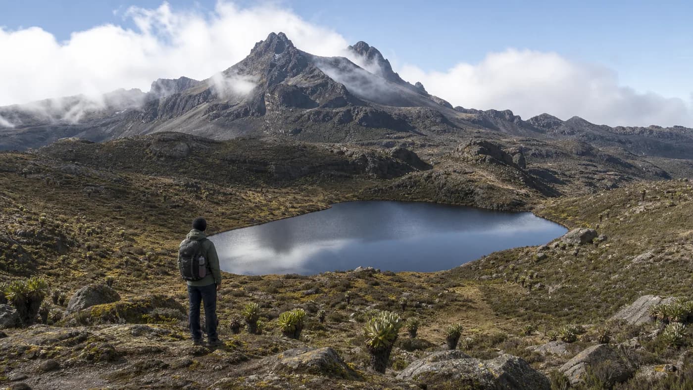 Generated editorial view of a trekker above an alpine tarn on Mount Kenya