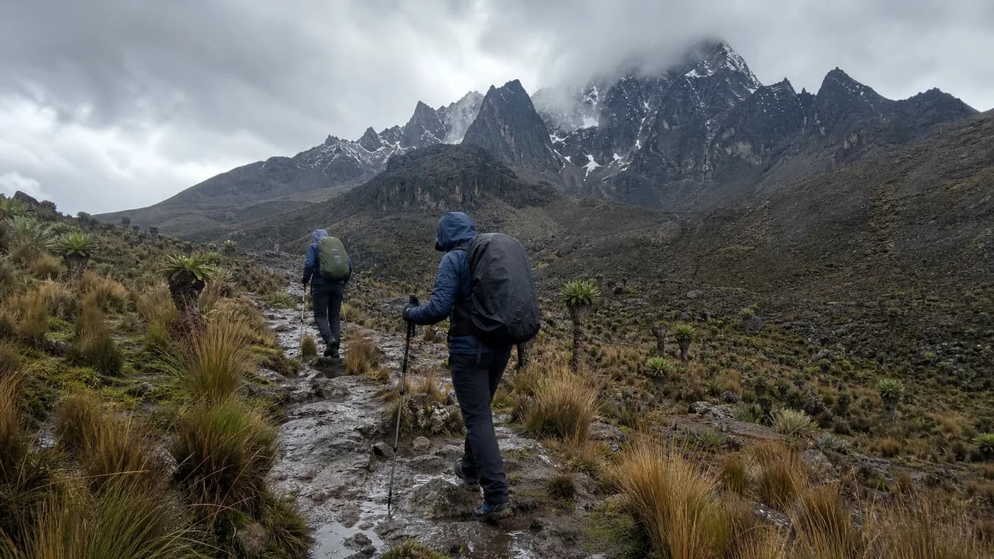 Generated editorial scene of trekkers on a wet Mount Kenya moorland trail