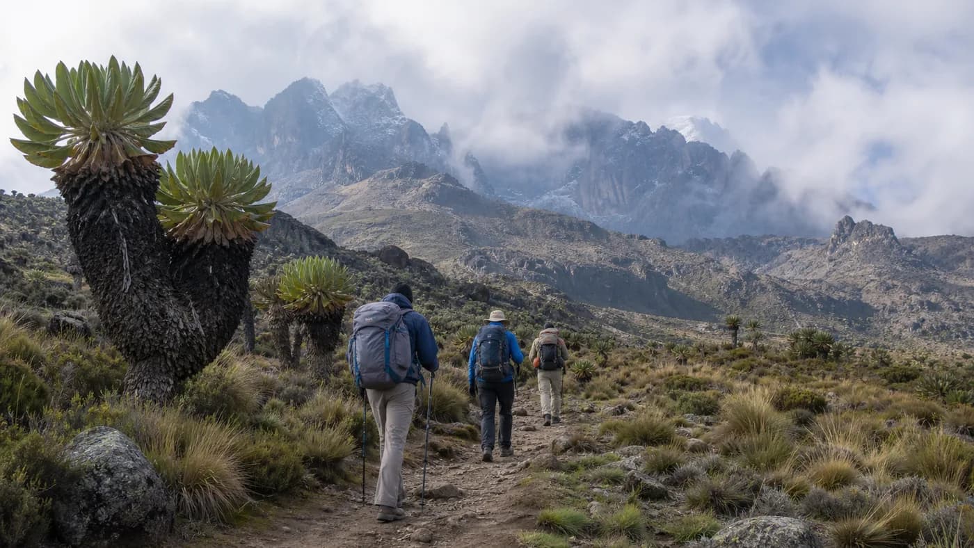Generated editorial scene of hikers crossing Mount Kenya alpine moorland