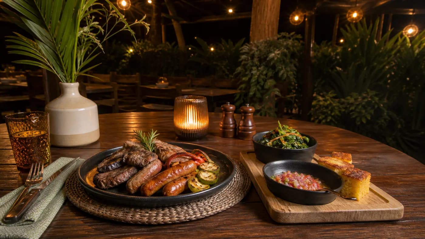 Generated editorial view of a grilled dinner in a garden restaurant setting